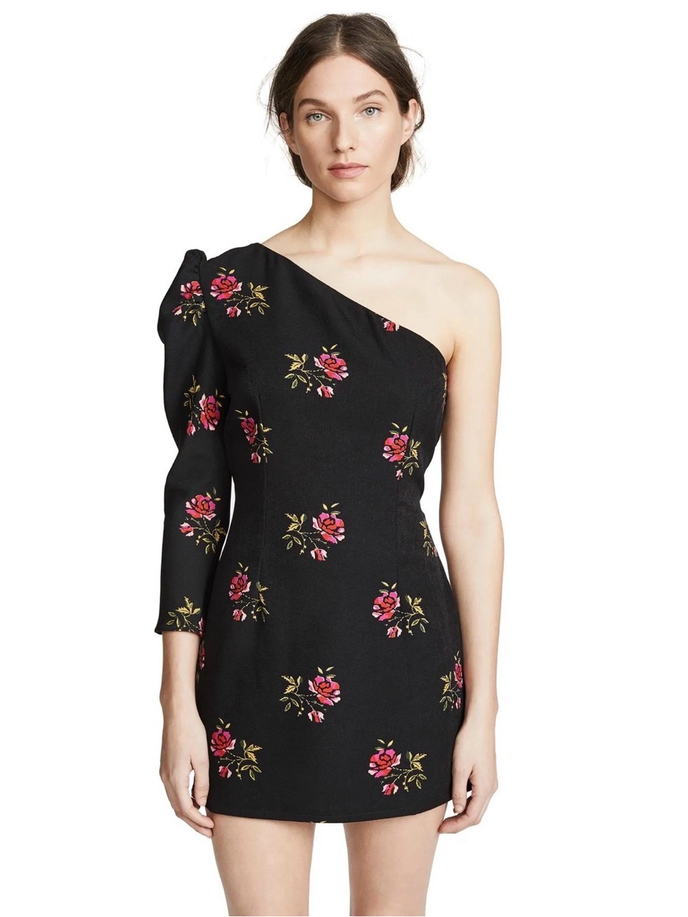 Valencia & Vine One-Shoulder Black Floral Mini Dress